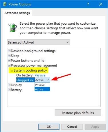 Windows 10 system cooling policy active vs passive
